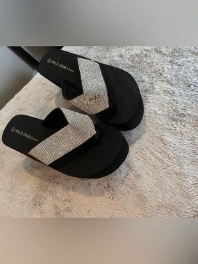 Wild Diva Black wedges with Silver Rhinestone Straps